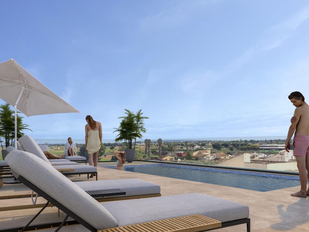 New build penthouse exterior in Catral town centre, Costa Blanca, with rooftop pool and modern facade