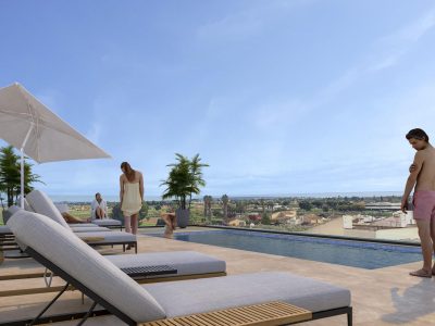 New build penthouse exterior in Catral town centre, Costa Blanca, with rooftop pool and modern facade