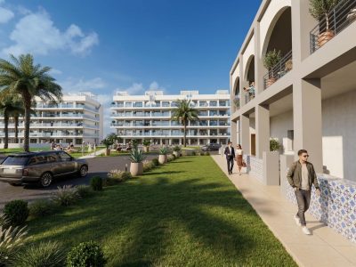 Modern new-build apartment exterior in Guardamar del Segura with terrace and communal garden, Costa Blanca